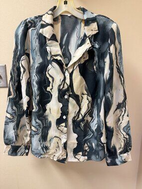 Women's Abstract Satin Button Front Blouse Size Small Long Sleeve Watercolor Pri